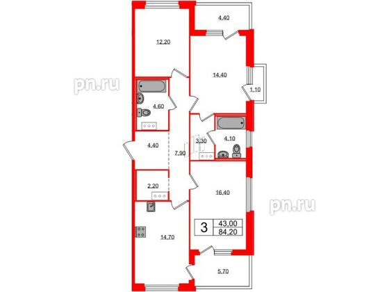 Квартира в ЖК «Литера», 3 комнатная, 84.2 м², 7 этаж