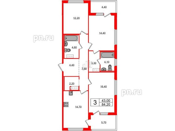 Квартира в ЖК «Литера», 3 комнатная, 84.2 м², 9 этаж