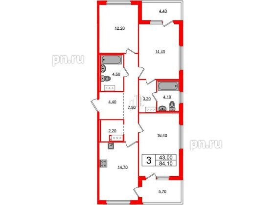 Квартира в ЖК «Литера», 3 комнатная, 84.1 м², 12 этаж