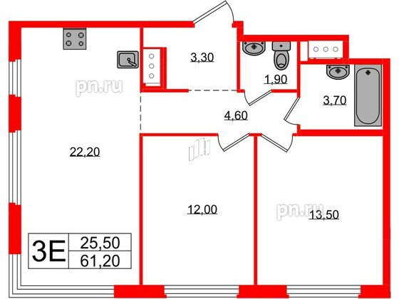 Квартира в ЖК «Литера», 2 комнатная, 61.2 м², 10 этаж