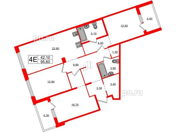 Квартира в ЖК «Литера», 3 комнатная, 95.6 м², 3 этаж