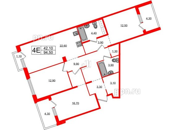 Квартира в ЖК «Литера», 3 комнатная, 94.5 м², 6 этаж