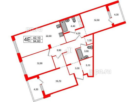 Квартира в ЖК «Литера», 3 комнатная, 94.6 м², 7 этаж