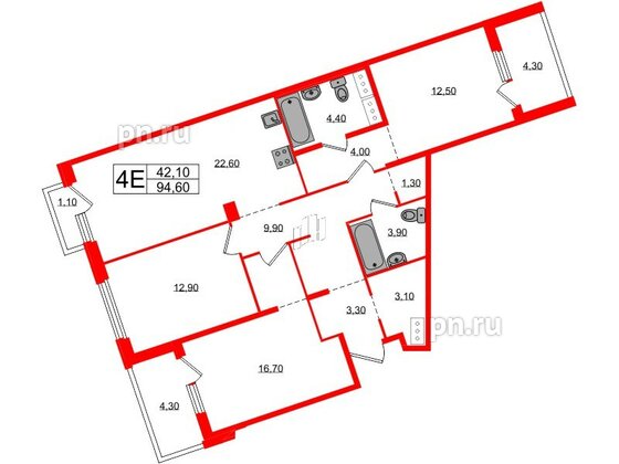 Квартира в ЖК «Литера», 3 комнатная, 94.6 м², 8 этаж