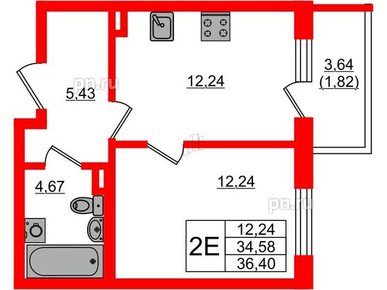 Квартира в ЖК Новая история, 1 комнатная, 36.4 м², 1 этаж