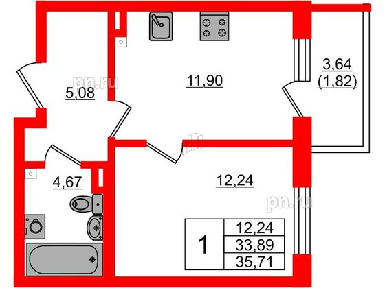 Квартира в ЖК Новая история, 1 комнатная, 35.71 м², 2 этаж