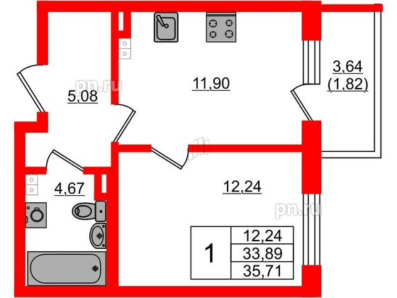 Квартира в ЖК Новая история, 1 комнатная, 35.71 м², 3 этаж