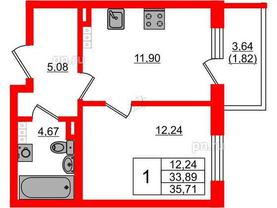 Квартира в ЖК Новая история, 1 комнатная, 35.71 м², 4 этаж