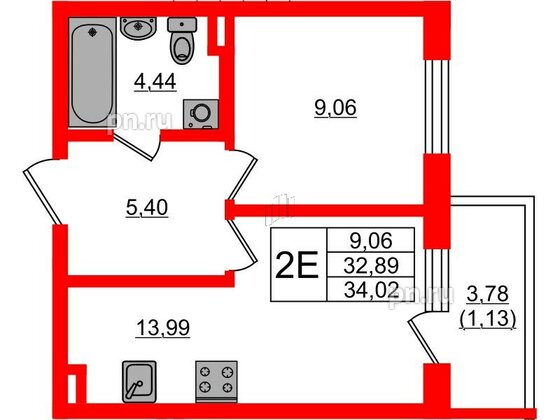 Квартира в ЖК Новая история, 1 комнатная, 34.02 м², 1 этаж