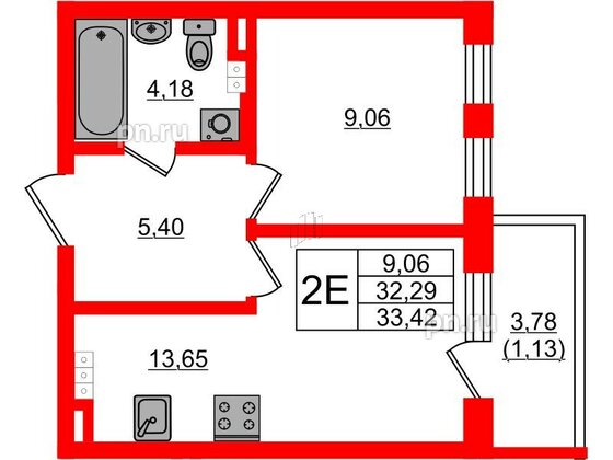 Квартира в ЖК Новая история, 1 комнатная, 33.42 м², 4 этаж