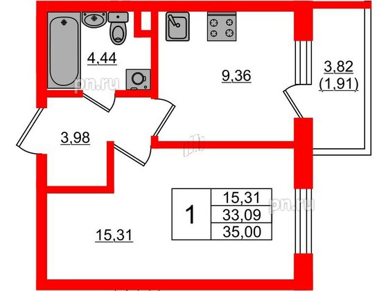 Квартира в ЖК Новая история, 1 комнатная, 35 м², 1 этаж