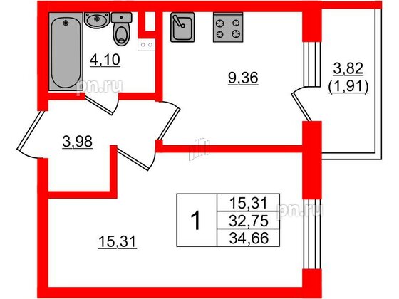 Квартира в ЖК Новая история, 1 комнатная, 34.66 м², 2 этаж