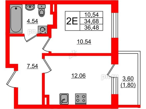 Квартира в ЖК Новая история, 1 комнатная, 36.48 м², 1 этаж