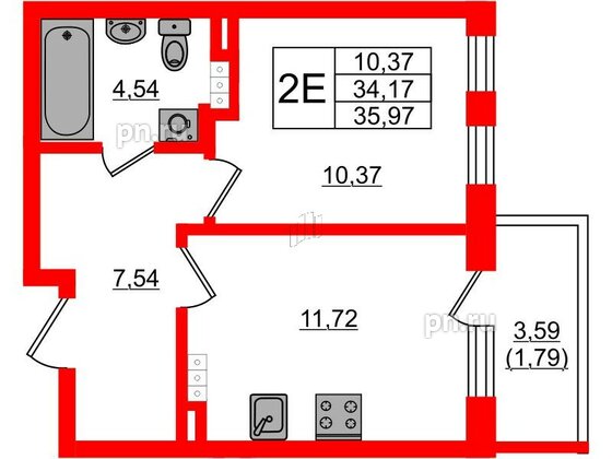 Квартира в ЖК Новая история, 1 комнатная, 35.97 м², 4 этаж