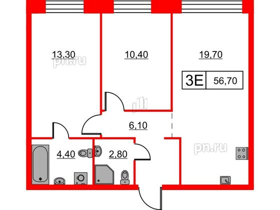 Квартира в ЖК Шкиперский, 19, 2 комнатная, 56.7 м², 2 этаж