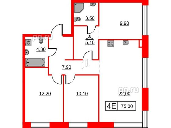 Квартира в ЖК Шкиперский, 19, 3 комнатная, 75 м², 3 этаж