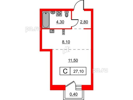 Квартира в ЖК Шкиперский, 19, студия, 27.1 м², 5 этаж