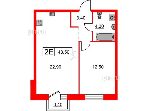 Квартира в ЖК Шкиперский, 19, 1 комнатная, 43.5 м², 3 этаж