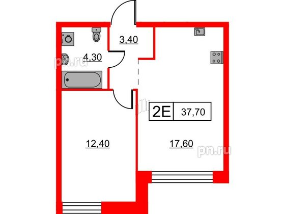 Квартира в ЖК Шкиперский, 19, 1 комнатная, 37.7 м², 2 этаж