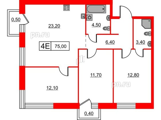 Квартира в ЖК Шкиперский, 19, 3 комнатная, 75 м², 2 этаж