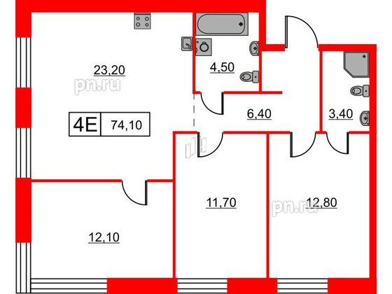 Квартира в ЖК Шкиперский, 19, 3 комнатная, 74.1 м², 5 этаж