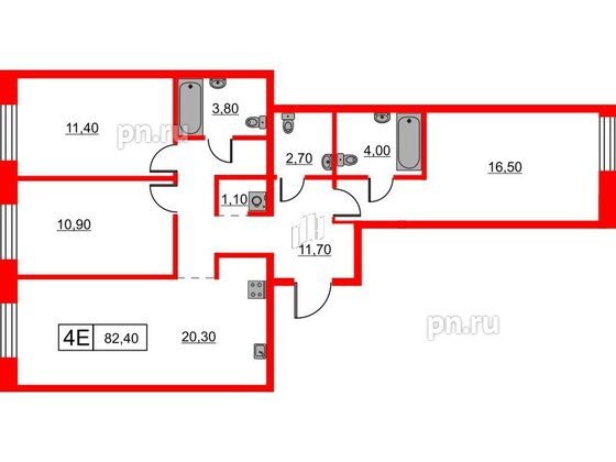 Квартира в ЖК Шкиперский, 19, 3 комнатная, 82.4 м², 1 этаж