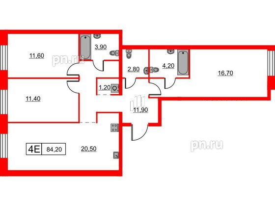 Квартира в ЖК Шкиперский, 19, 3 комнатная, 84.2 м², 2 этаж