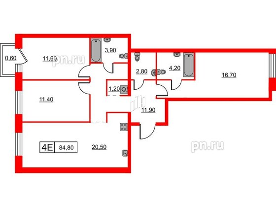 Квартира в ЖК Шкиперский, 19, 3 комнатная, 84.8 м², 5 этаж