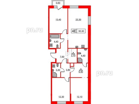 Квартира в ЖК Шкиперский, 19, 3 комнатная, 95.9 м², 9 этаж