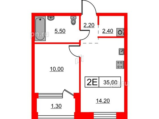 Квартира в ЖК Шкиперский, 19, 1 комнатная, 35.6 м², 2 этаж