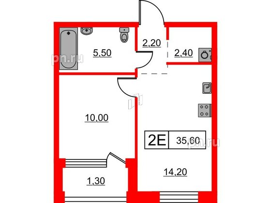 Квартира в ЖК Шкиперский, 19, 1 комнатная, 35.6 м², 11 этаж