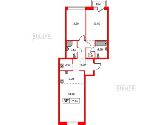 Квартира в ЖК Шкиперский, 19, 2 комнатная, 71.6 м², 2 этаж