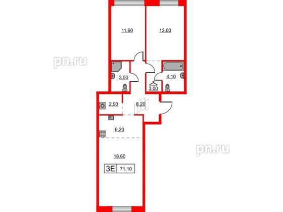 Квартира в ЖК Шкиперский, 19, 2 комнатная, 71.1 м², 5 этаж