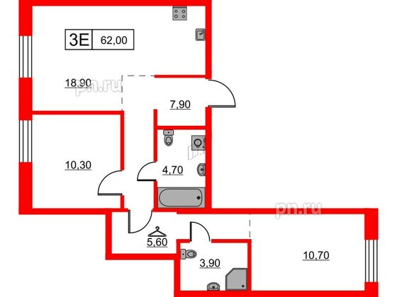 Квартира в ЖК Шкиперский, 19, 2 комнатная, 62 м², 1 этаж