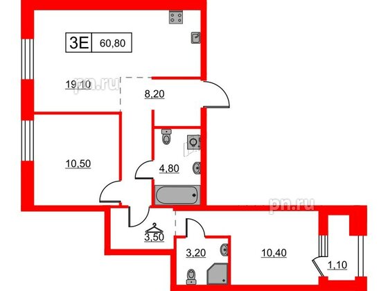 Квартира в ЖК Шкиперский, 19, 2 комнатная, 60.8 м², 3 этаж