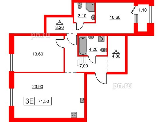 Квартира в ЖК Шкиперский, 19, 2 комнатная, 71.5 м², 2 этаж