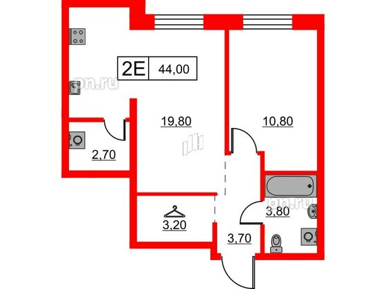 Квартира в ЖК Шкиперский, 19, 1 комнатная, 44 м², 1 этаж