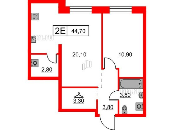 Квартира в ЖК Шкиперский, 19, 1 комнатная, 44.7 м², 8 этаж