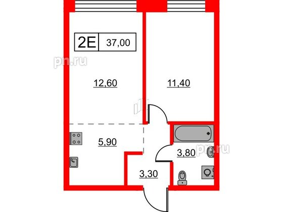 Квартира в ЖК Шкиперский, 19, 1 комнатная, 37 м², 1 этаж