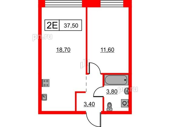 Квартира в ЖК Шкиперский, 19, 1 комнатная, 37.5 м², 4 этаж