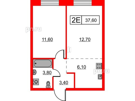 Квартира в ЖК Шкиперский, 19, 1 комнатная, 37.6 м², 3 этаж