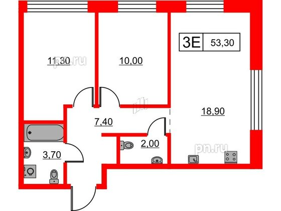 Квартира в ЖК Шкиперский, 19, 2 комнатная, 53.3 м², 1 этаж