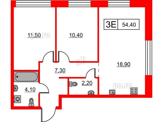 Квартира в ЖК Шкиперский, 19, 2 комнатная, 54.4 м², 2 этаж