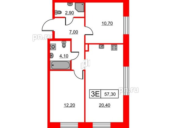 Квартира в ЖК Шкиперский, 19, 2 комнатная, 57.3 м², 3 этаж