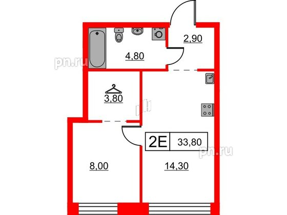 Квартира в ЖК Шкиперский, 19, 1 комнатная, 33.8 м², 3 этаж