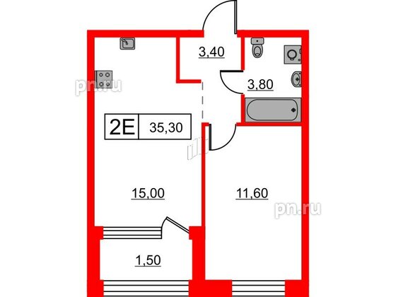 Квартира в ЖК Шкиперский, 19, 1 комнатная, 35.3 м², 3 этаж