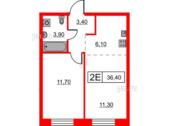 Квартира в ЖК Шкиперский, 19, 1 комнатная, 36.4 м², 2 этаж