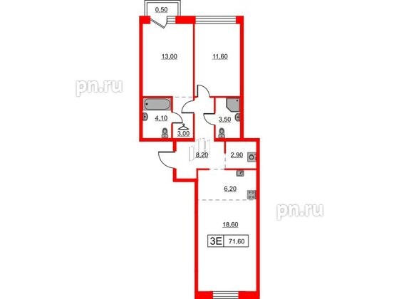 Квартира в ЖК Шкиперский, 19, 2 комнатная, 71.6 м², 2 этаж