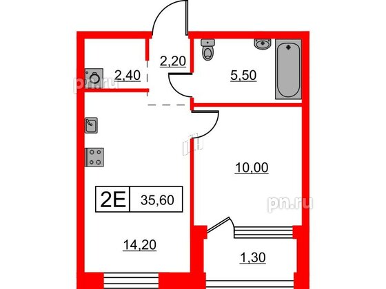 Квартира в ЖК Шкиперский, 19, 1 комнатная, 35.6 м², 3 этаж