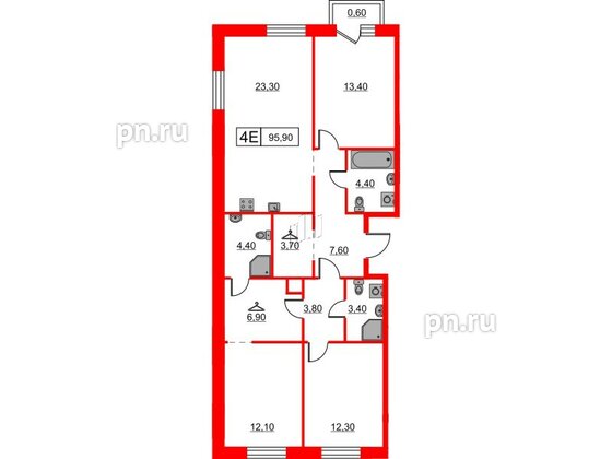 Квартира в ЖК Шкиперский, 19, 3 комнатная, 95.9 м², 9 этаж